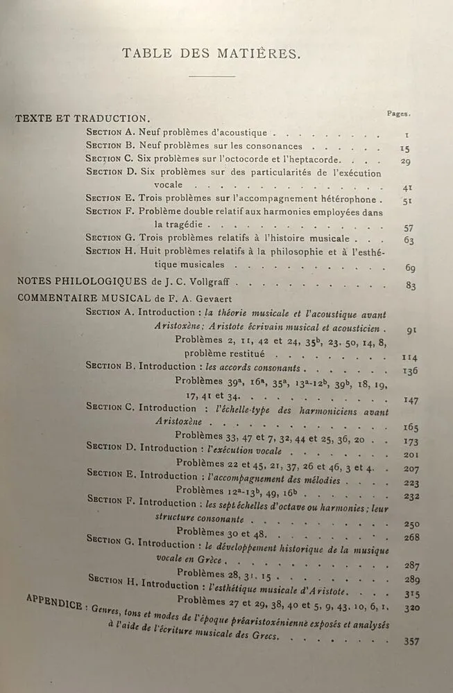 Les problèmes musicaux d Aristote - texte grec avec traduction française notes philologiques commentaire musical et appendice - 1903 - F.-A. Gevaert J.C. Vollgrafe